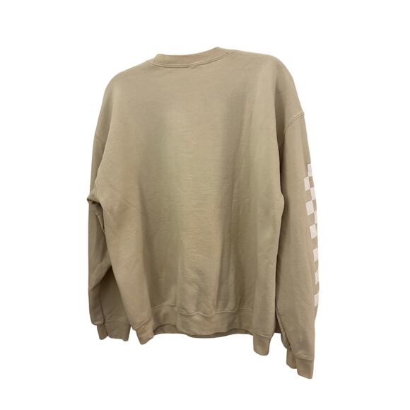 Crime Junkie Podcast Beige Sweatshirt Checkered Sleeve Accents 100% Cotton - Picture 6 of 7